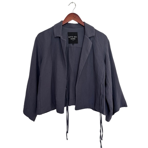 Bitte Kai Rand Double Weave‎ Short Jacket Medium Gray Gauzy Asymmetrical Tie - Picture 2 of 12